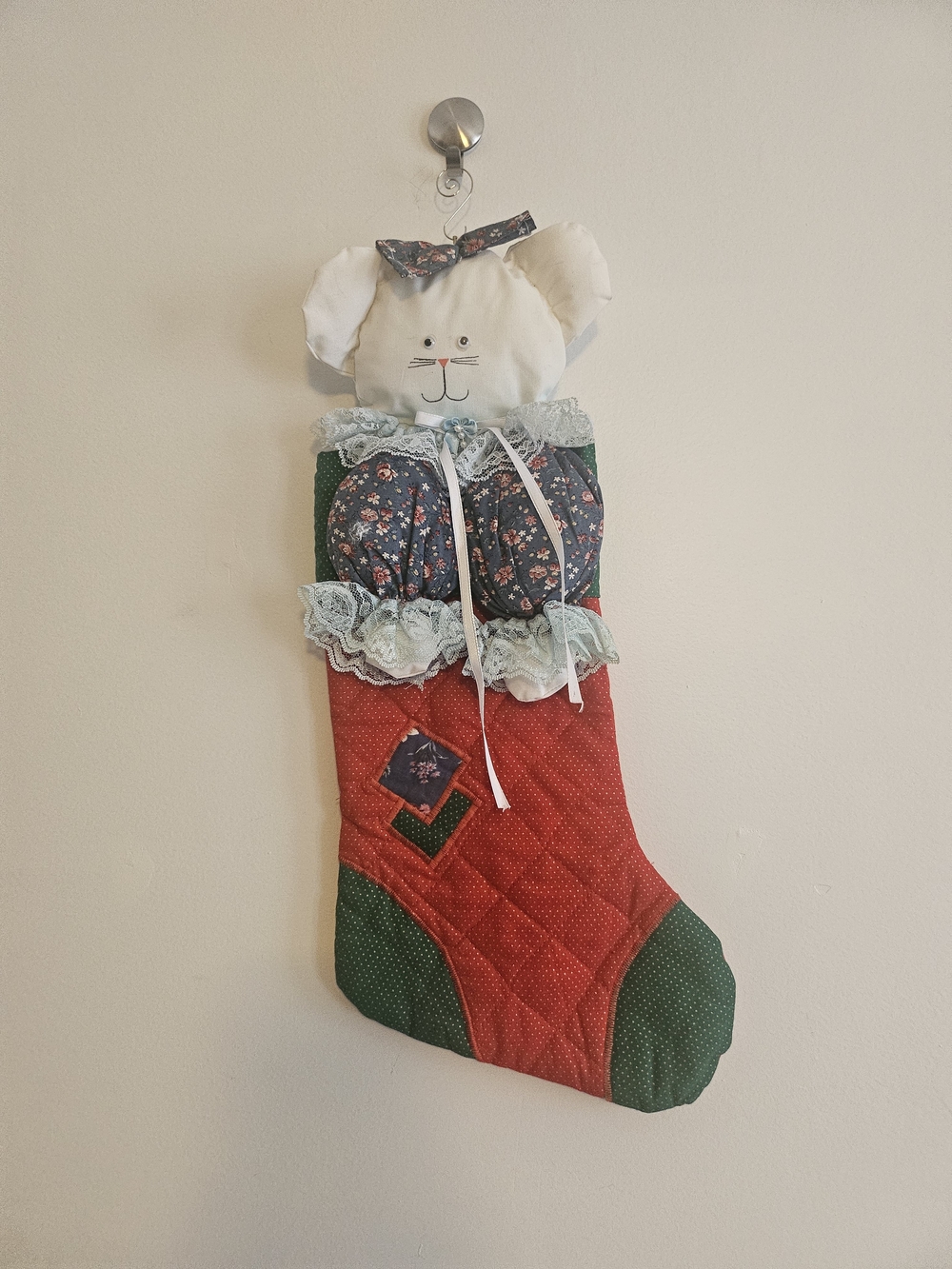 Vintage Handmade Red & Green Quilted Holiday Stocking with Fabric Mouse